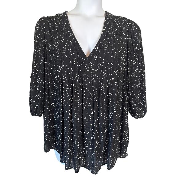 Terra & Sky Black White Speckle Plus Sz 2X Peasant Blouse 3/4 Sleeve V-Neck Boho - Picture 2 of 12